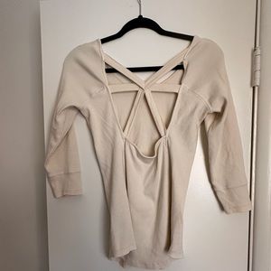 Free People Ribbed Cream 3/4 Sleeve Cutout Back Top Size Medium